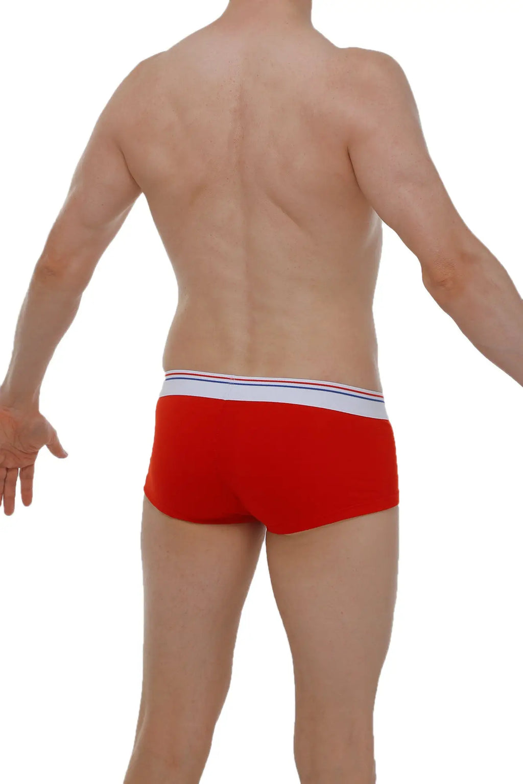 Red petitq boxer brief taik modal with white waistband and thin blue and red stripes front view