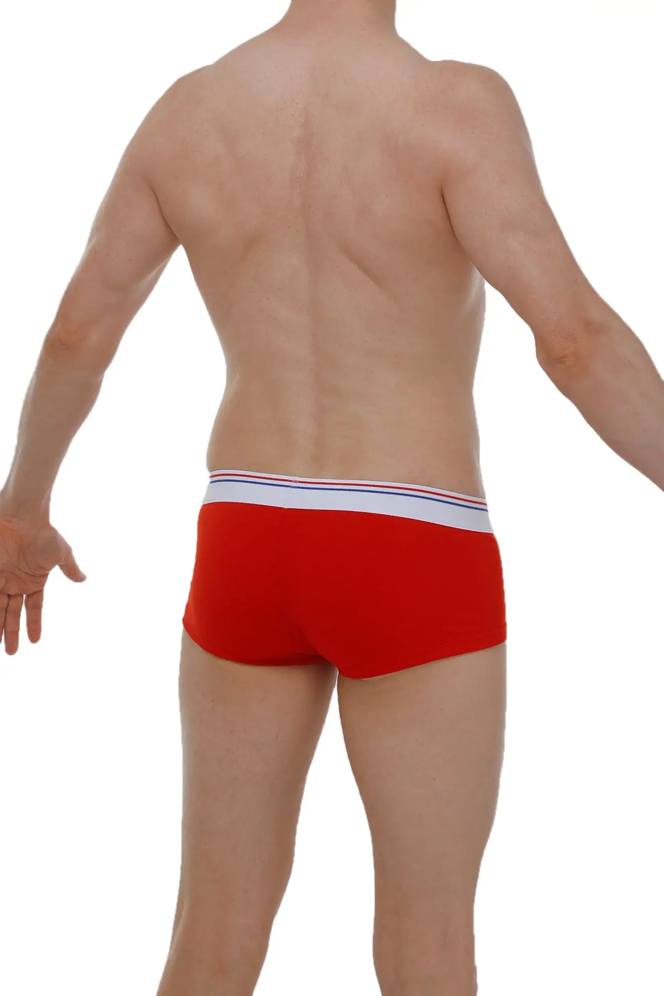 Red petitq boxer brief taik modal with white waistband and thin blue and red stripes front view
