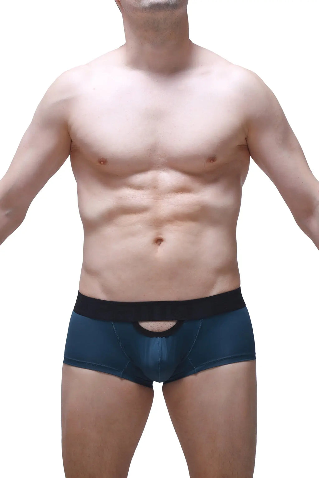 Dark blue PetitQ boxer briefs with black elastic waistband and central cutout design for stylish comfort