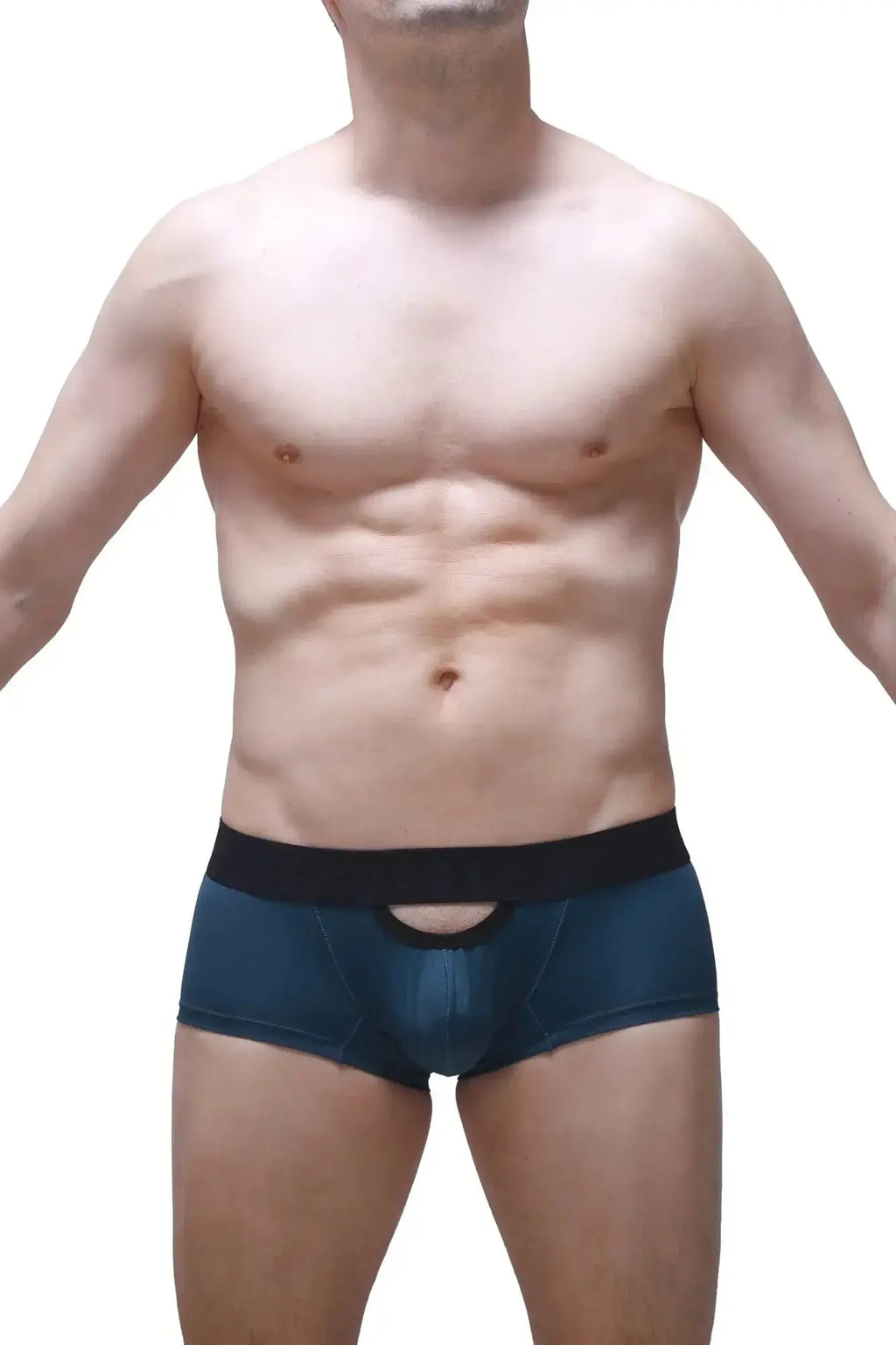 Dark blue PetitQ boxer briefs with black elastic waistband and central cutout design for stylish comfort
