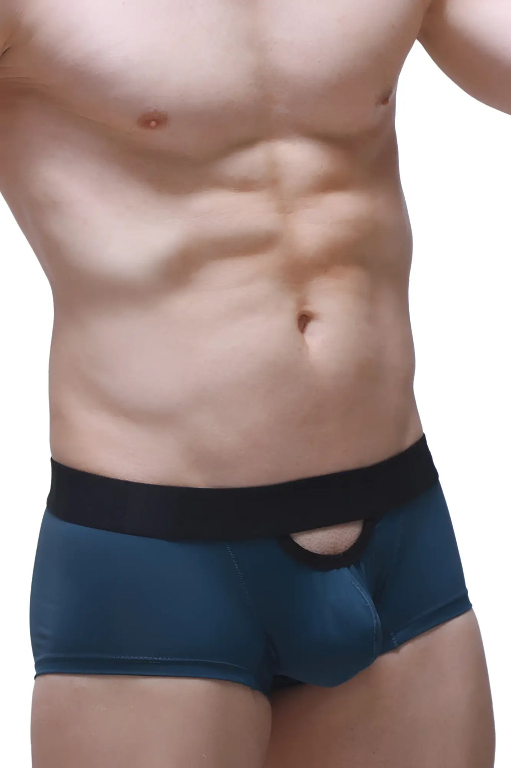Navy blue petitq boxer cabrier briefs with black elastic waistband and central cutout design for men