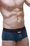 Navy blue petitq boxer cabrier briefs with black elastic waistband and central cutout design for men