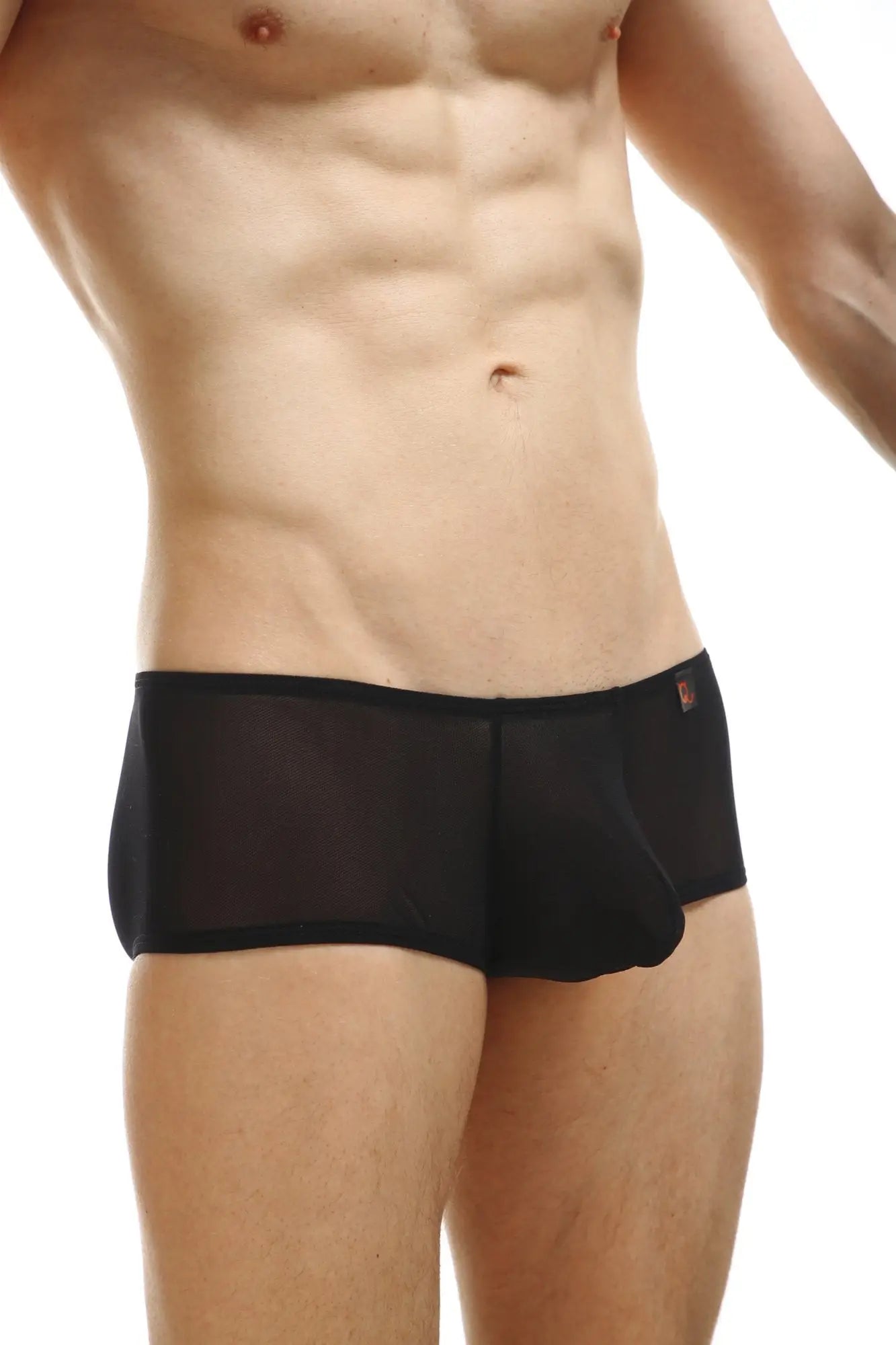 Petitq boxer chill net black sheer mesh briefs with solid black waistband and small red logo on the side
