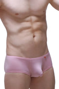 Pink satin petitq boxer chill skine briefs with subtle red logo on waistband in tea rose color