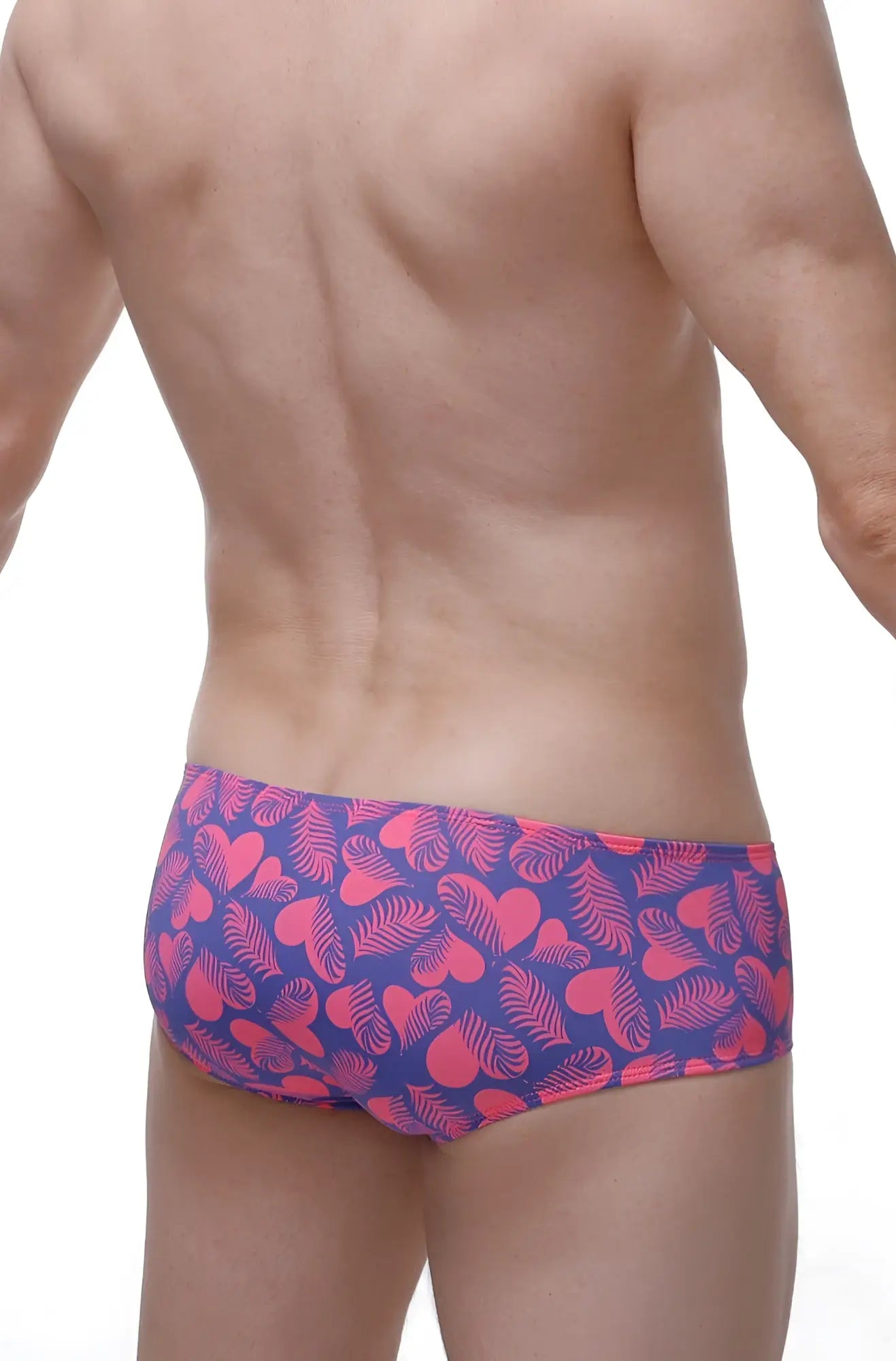 Purple and pink heart and leaf patterned petitq boxer chill tropical hearts men’s swim trunks for beachwear