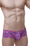 PetitQ boxer Chill Tropical Hearts vibrant pink and purple tropical leaf patterned men’s briefs with red logo waistband