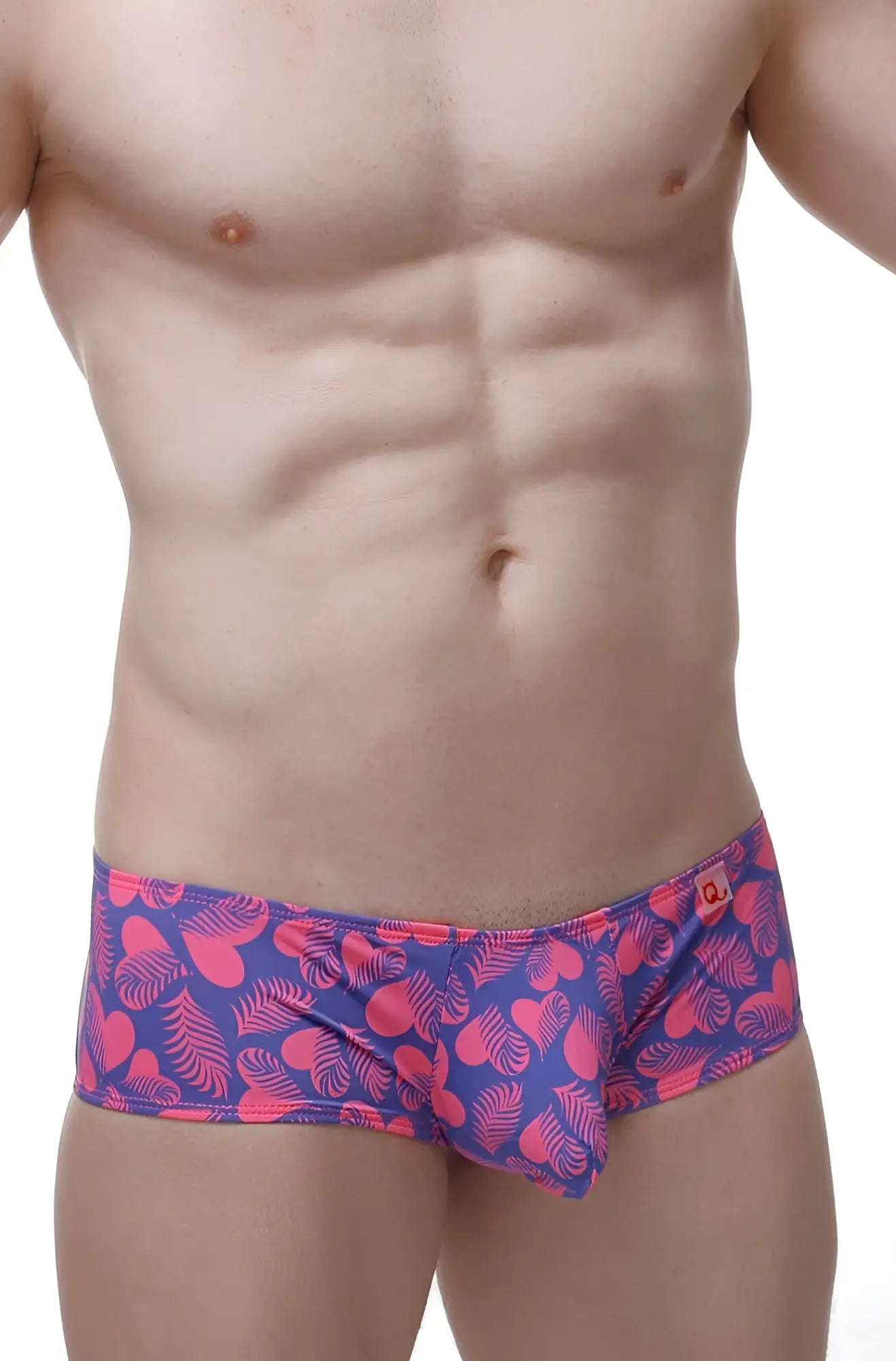 PetitQ boxer Chill Tropical Hearts vibrant pink and purple tropical leaf patterned men’s briefs with red logo waistband