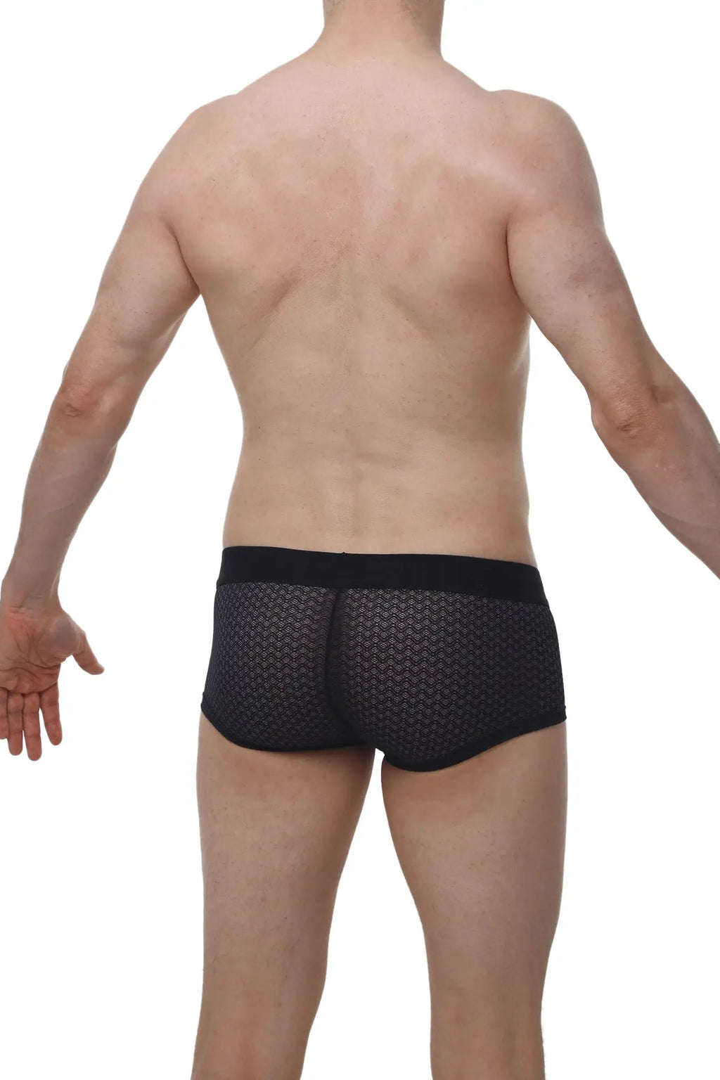 Black petitq boxer chillax macra briefs with subtle geometric mesh pattern and elastic waistband