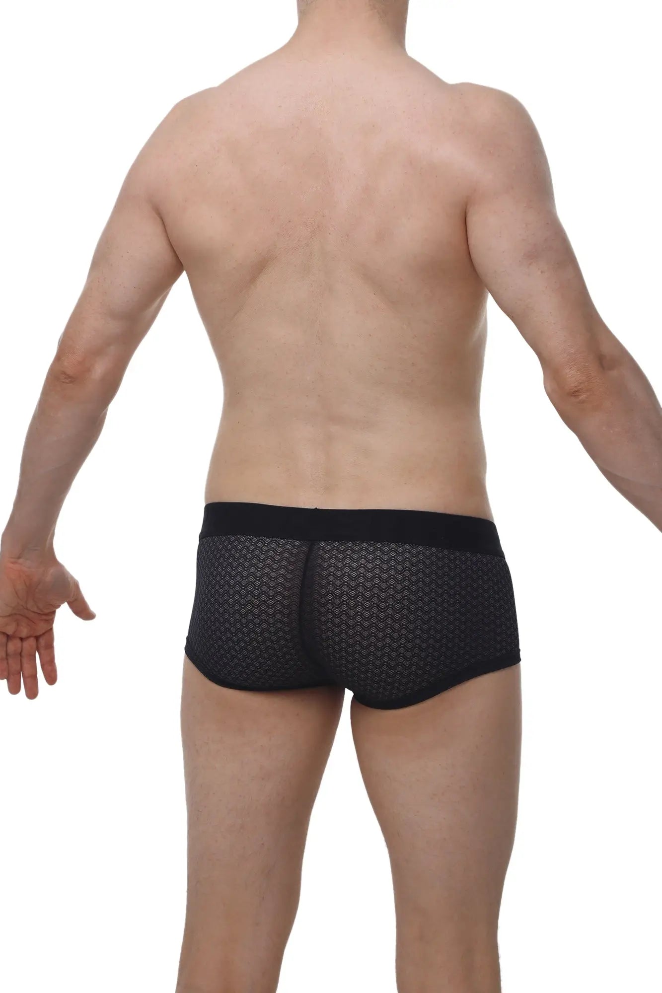 Black petitq boxer chillax macra briefs with subtle geometric mesh pattern and elastic waistband