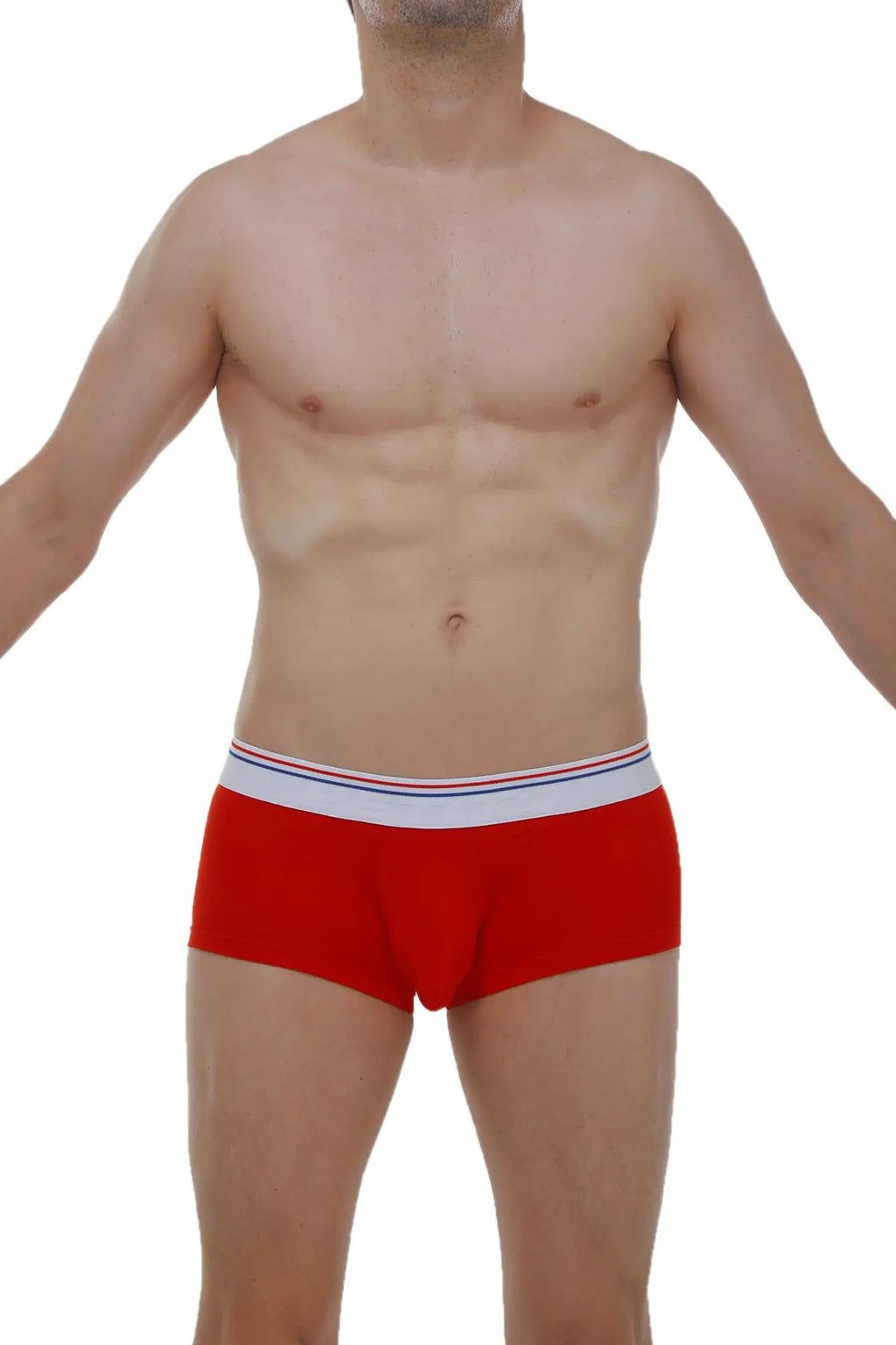 Red men’s briefs petitq boxer chillax modal red with white waistband featuring thin red and blue stripes