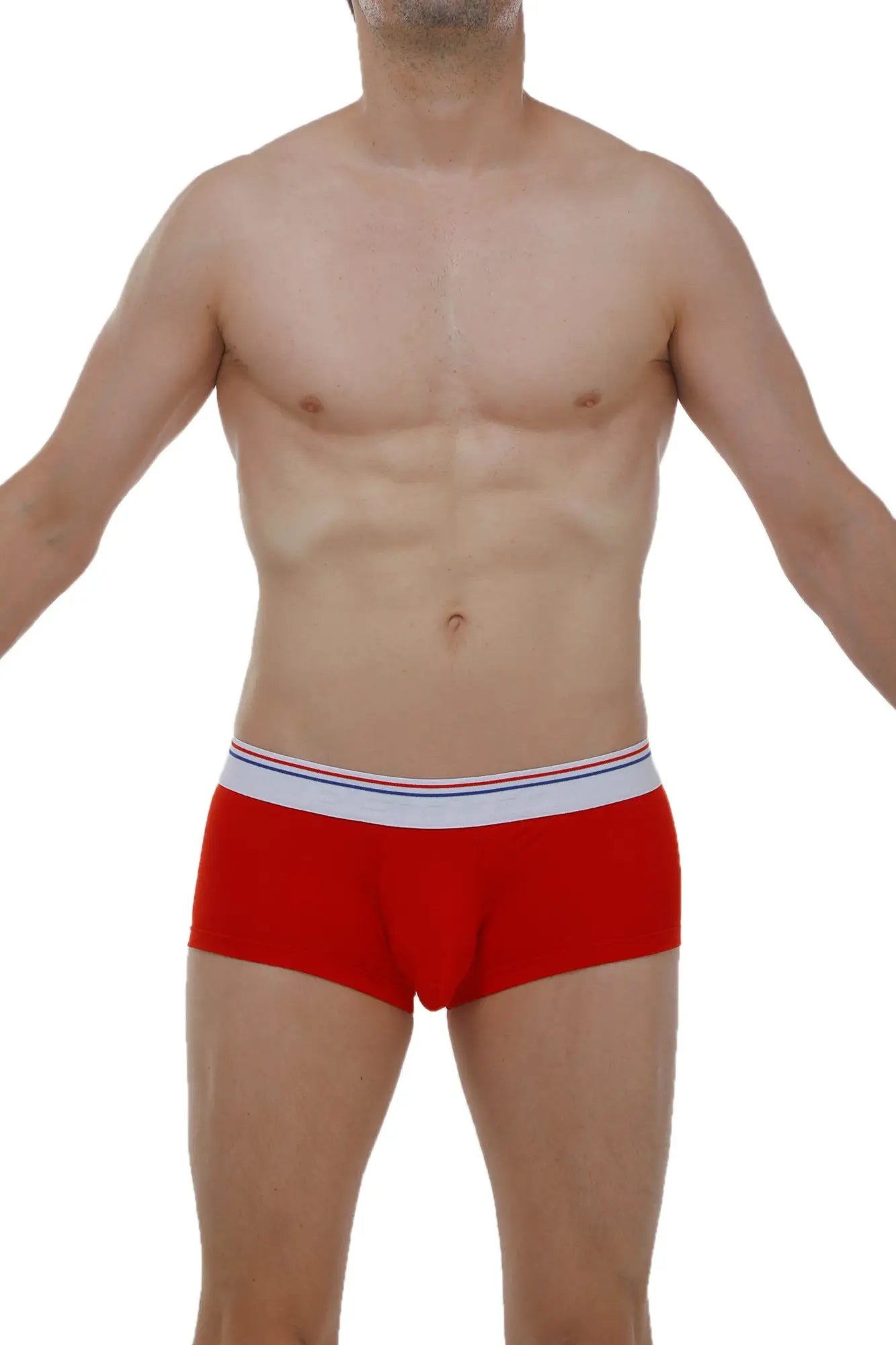 Red men’s briefs petitq boxer chillax modal red with white waistband featuring thin red and blue stripes