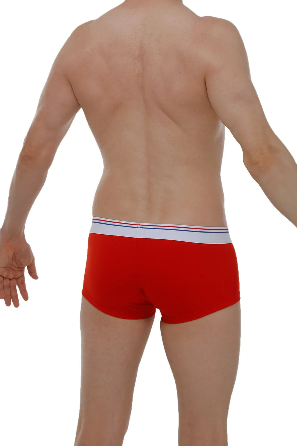 Petitq boxer chillax modal red briefs in red with a white waistband accented by thin blue and red stripes