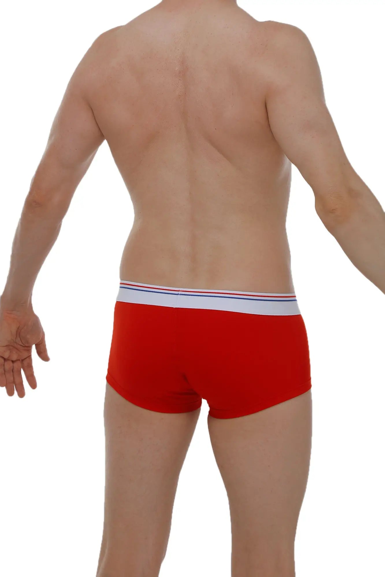 Petitq boxer chillax modal red briefs in red with a white waistband accented by thin blue and red stripes