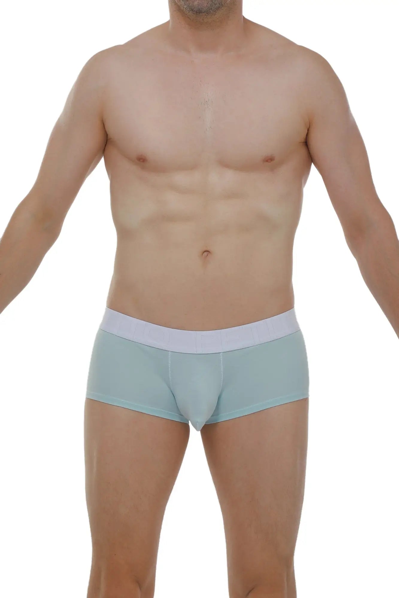 Light blue petitq boxer chillax modal briefs with a contrasting white waistband for comfortable everyday wear