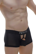Black petitq boxer cockring net detachable mens boxer briefs with sheer mesh panel and cutout design front view
