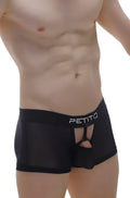 Black petitq boxer cockring net detachable mens boxer briefs with sheer mesh panel and cutout design front view
