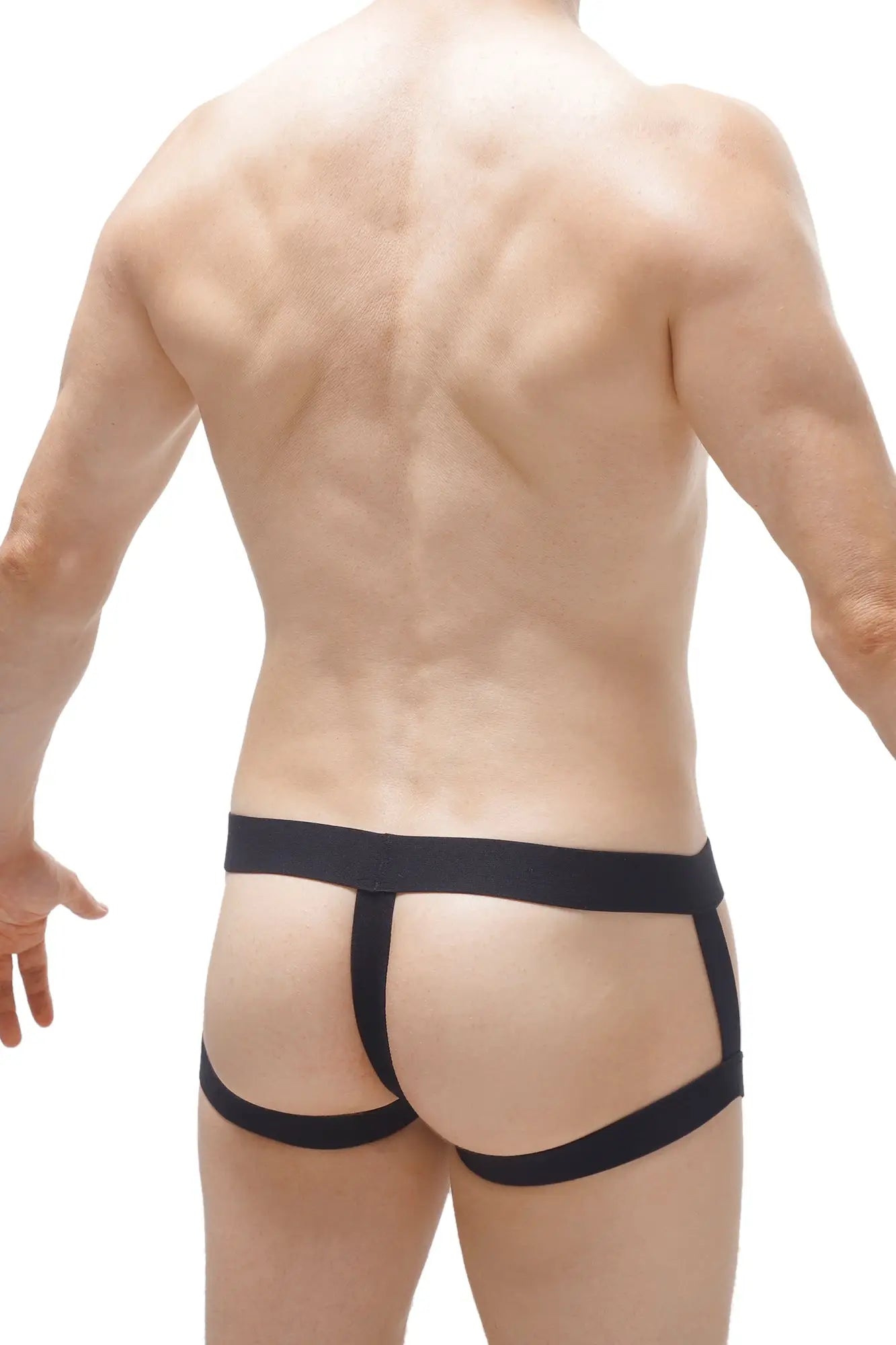 Black elasticated PetitQ boxer cockring briefs with wide waistband and supportive side straps in silicon material