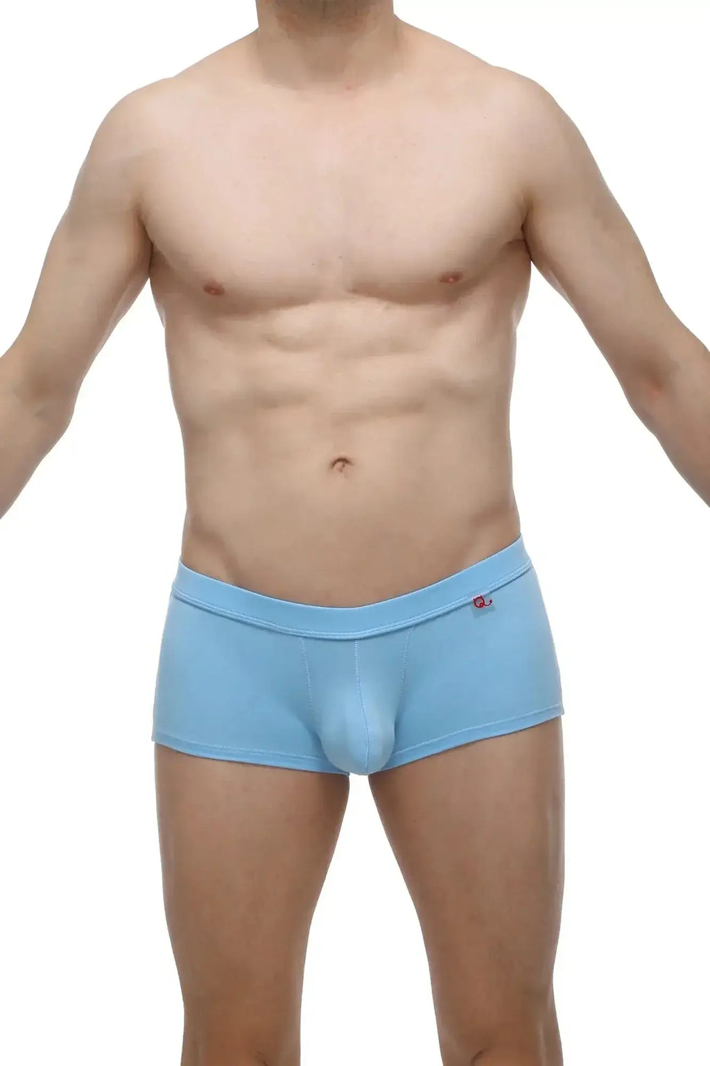 Light blue PetitQ boxer Colline bamboo briefs with subtle red logo on waistband for comfortable everyday wear
