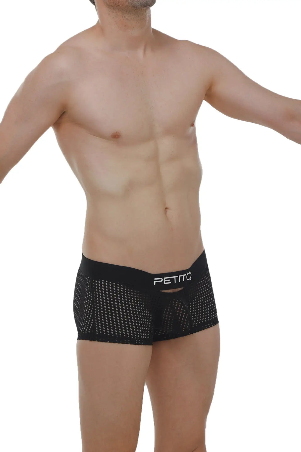 Black mesh petitq boxer briefs with white logo on waistband breathable lightweight underwear