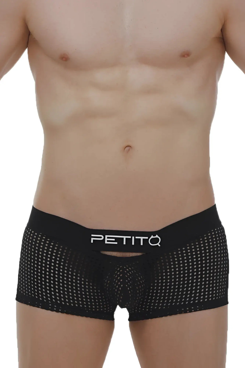Petitq boxer dolmen durtol black black mesh briefs with white petitq logo on waistband front view
