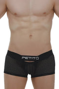 Petitq boxer dolmen durtol black black mesh briefs with white petitq logo on waistband front view