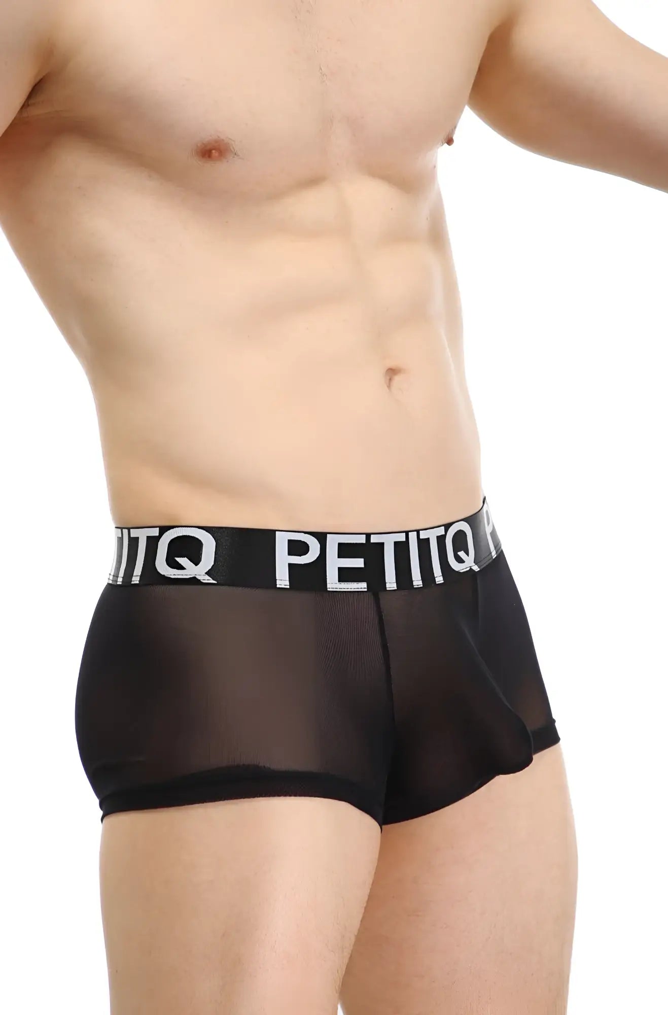 PetitQ boxer Dumbo net black sheer mesh briefs with black elastic waistband featuring white petitq lettering