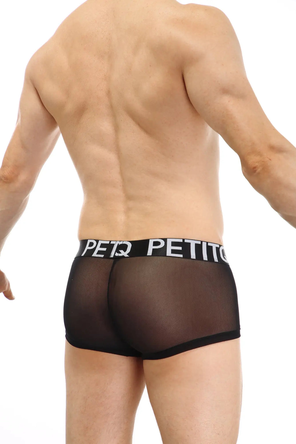 Black sheer mesh petitQ boxer Dumbo net briefs with black elastic waistband and white petit lettering