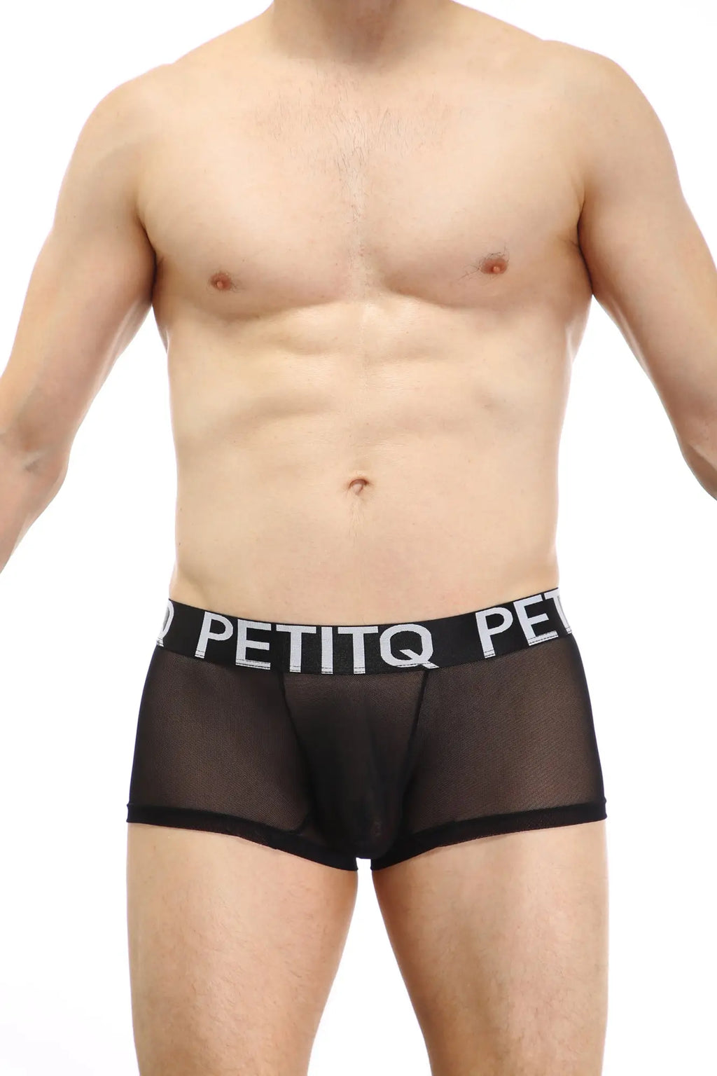 Black sheer mesh briefs with black elastic waistband featuring white petitq lettering from PetitQ boxer dumbo net black