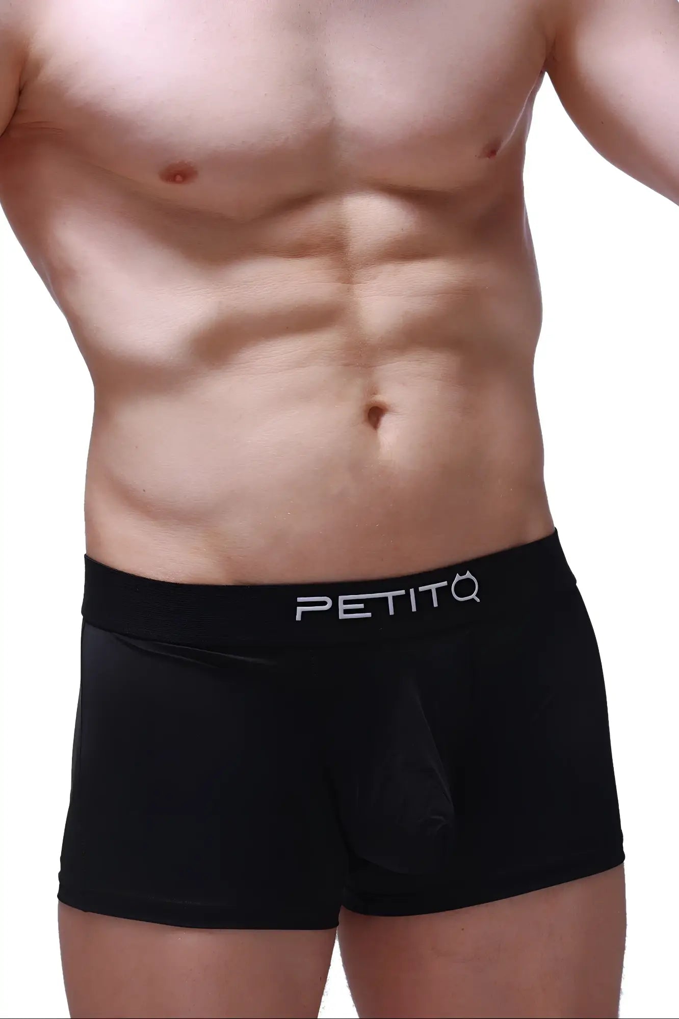 Black petitq boxer hang men’s briefs with smooth form-fitting design and subtle white logo on the waistband