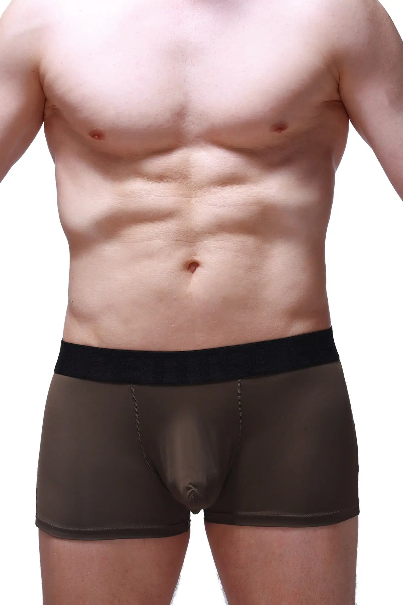 PetitQ boxer hang olive men’s boxer briefs with black waistband in dark olive green fabric with contoured design