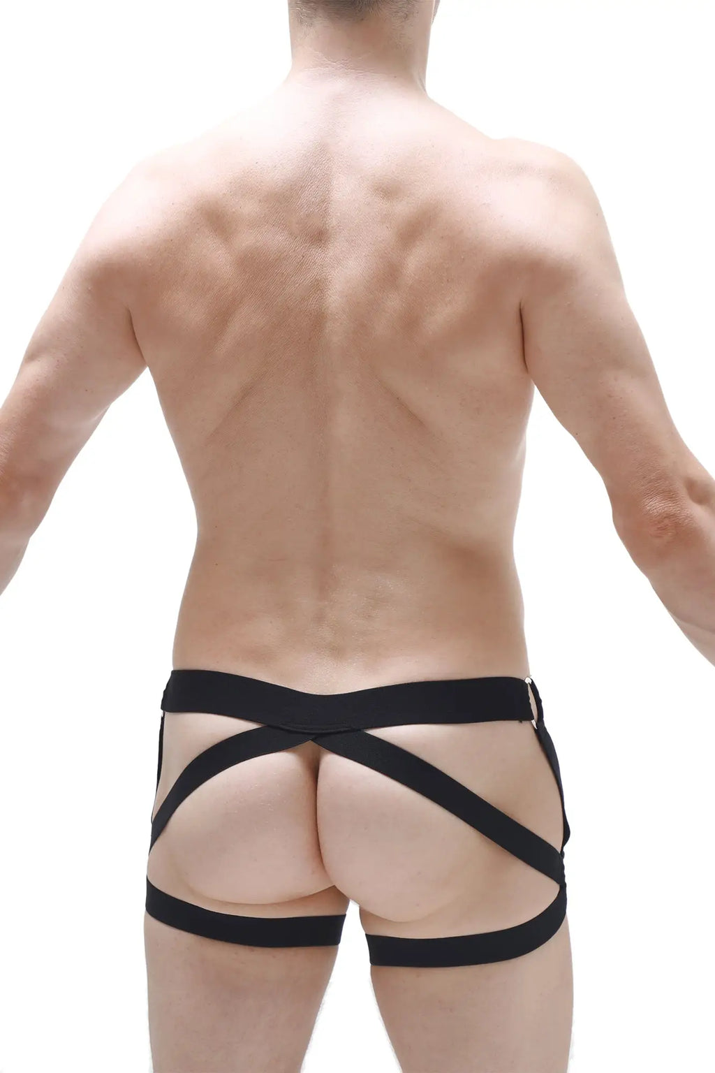 Black petitq boxer jockstrap open allias with elasticated harness and crisscross design on the back side