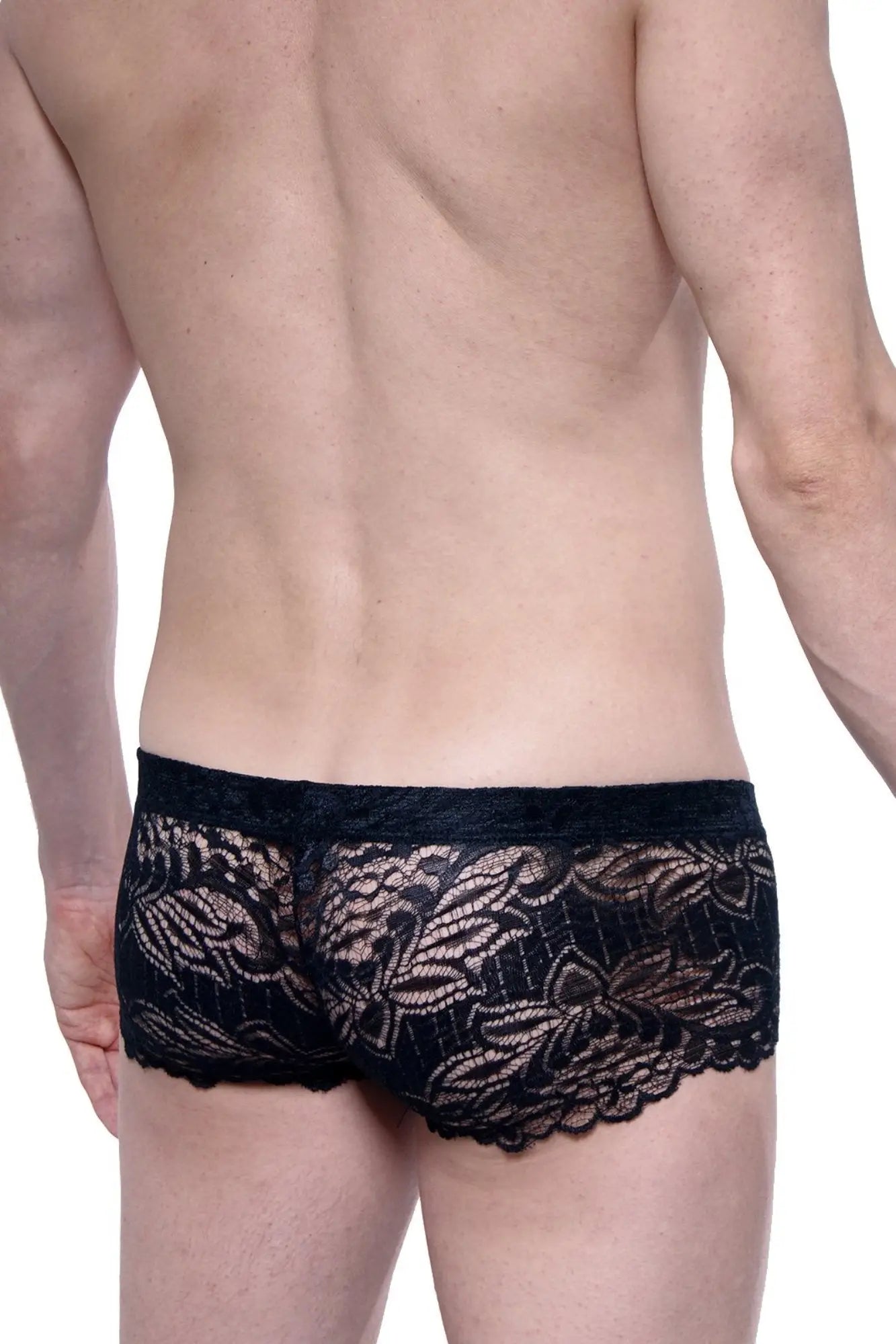 PetitQ lace black boxer briefs with intricate floral pattern and scalloped edge in delicate lace fabric