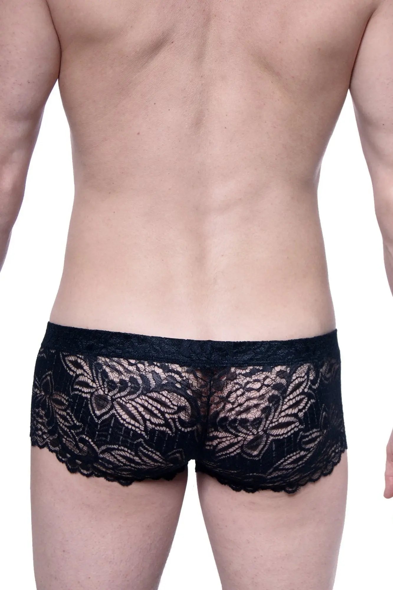 Black lace petitq boxer briefs featuring intricate floral patterns and scalloped edges in ereac black