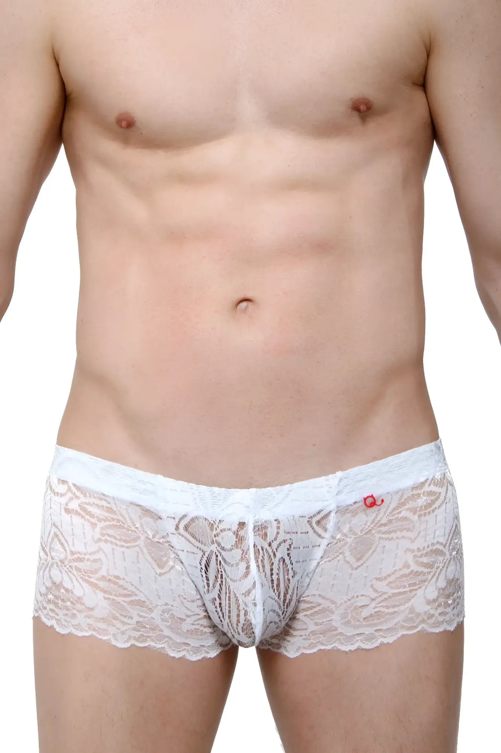 PetitQ lace ereac white men’s briefs in white lace with delicate floral patterns and scalloped edges