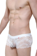 White lace men’s boxer underwear with floral pattern and elastic waistband from petitq in ereac white color