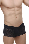 Black lace-trimmed briefs with intricate floral patterns petitq boxer lace giers black front view