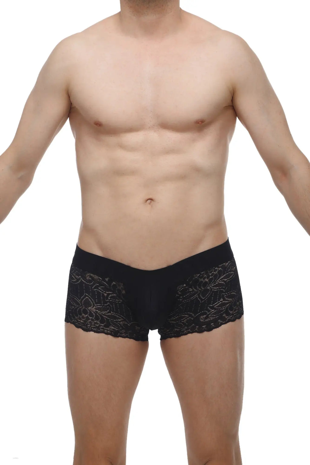 PetitQ boxer lace briefs in black featuring delicate floral lace trim embroidery on the sides for men