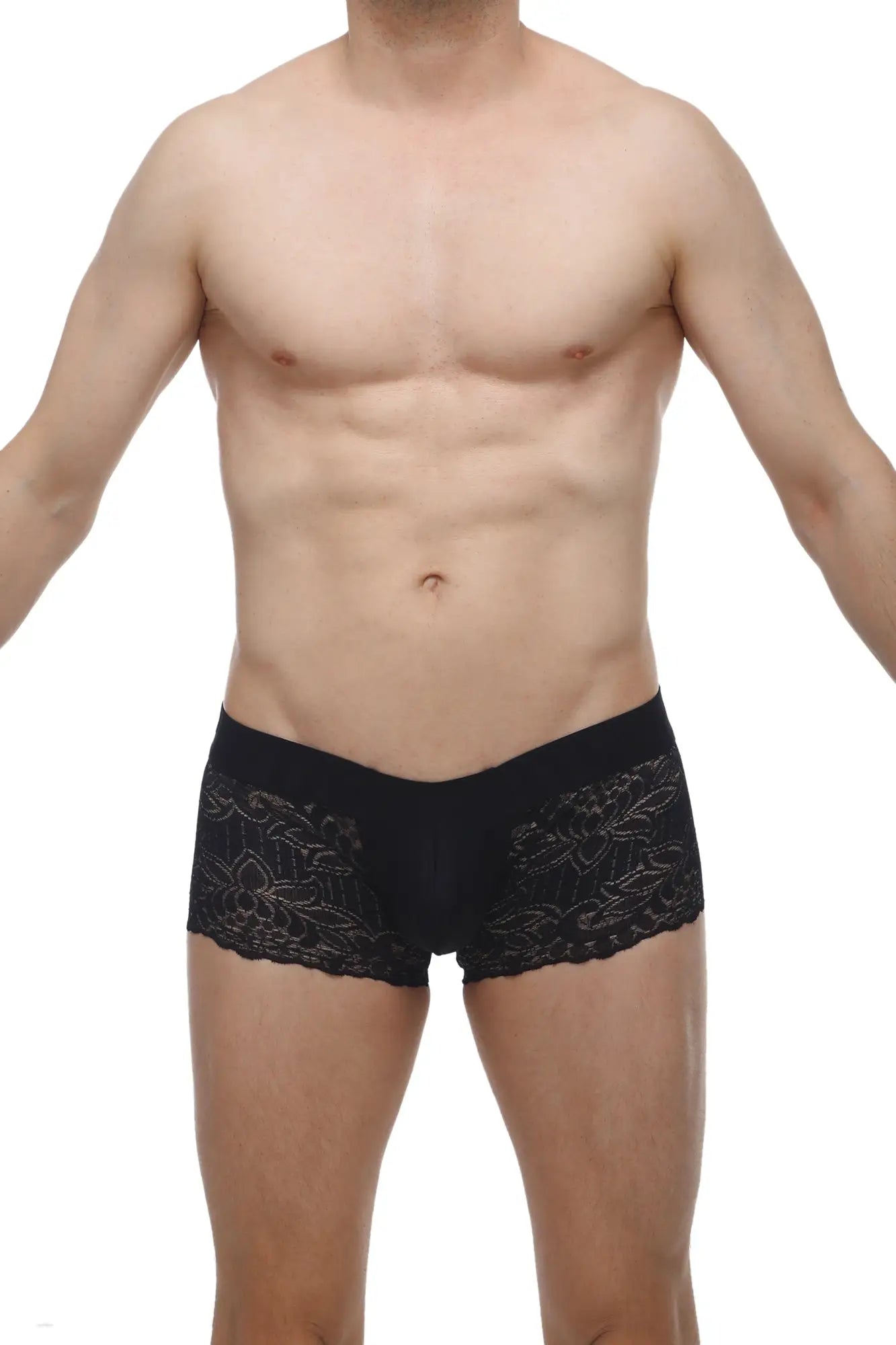 PetitQ boxer lace briefs in black featuring delicate floral lace trim embroidery on the sides for men