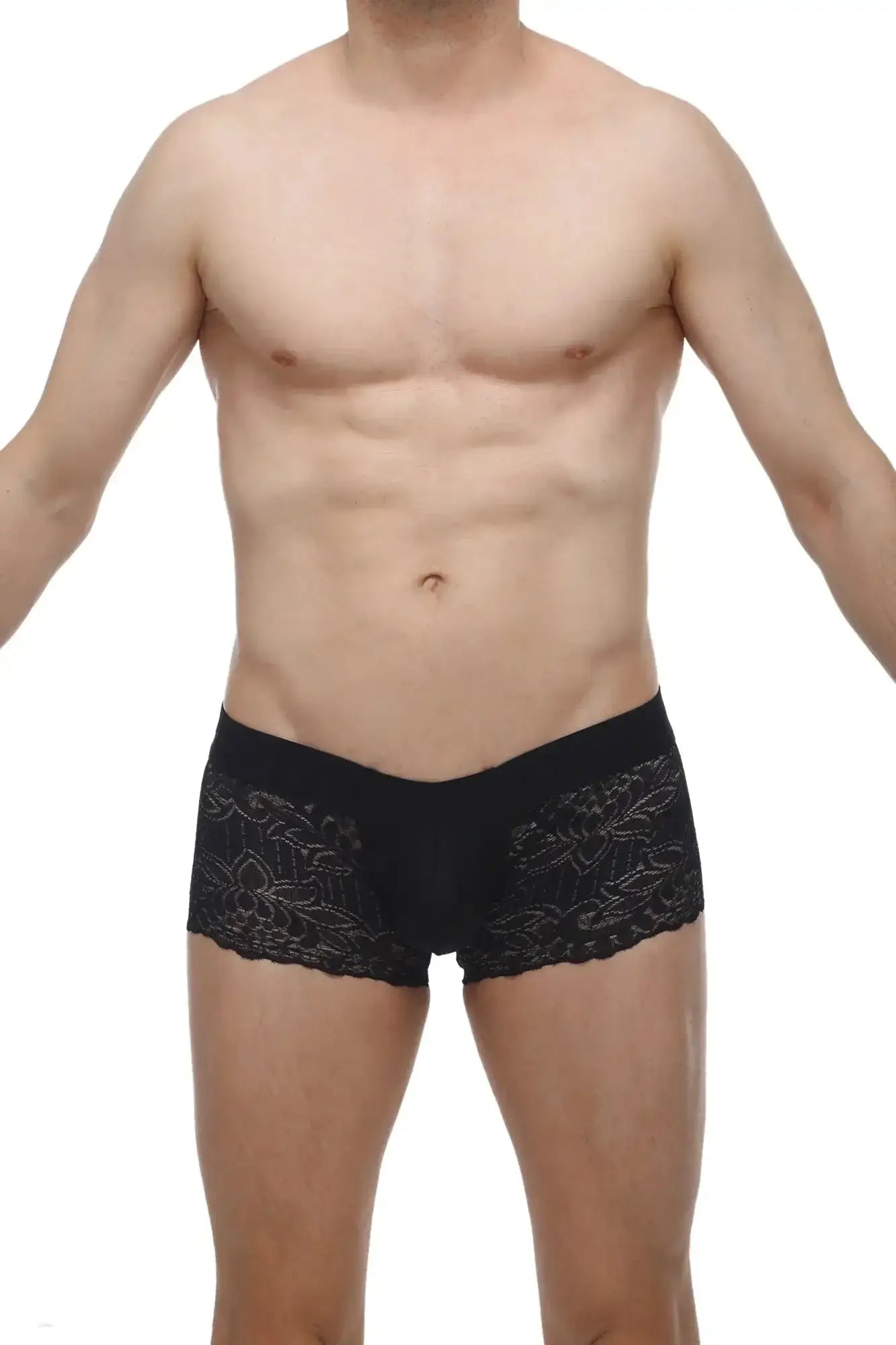 PetitQ boxer lace briefs in black featuring delicate floral lace trim embroidery on the sides for men