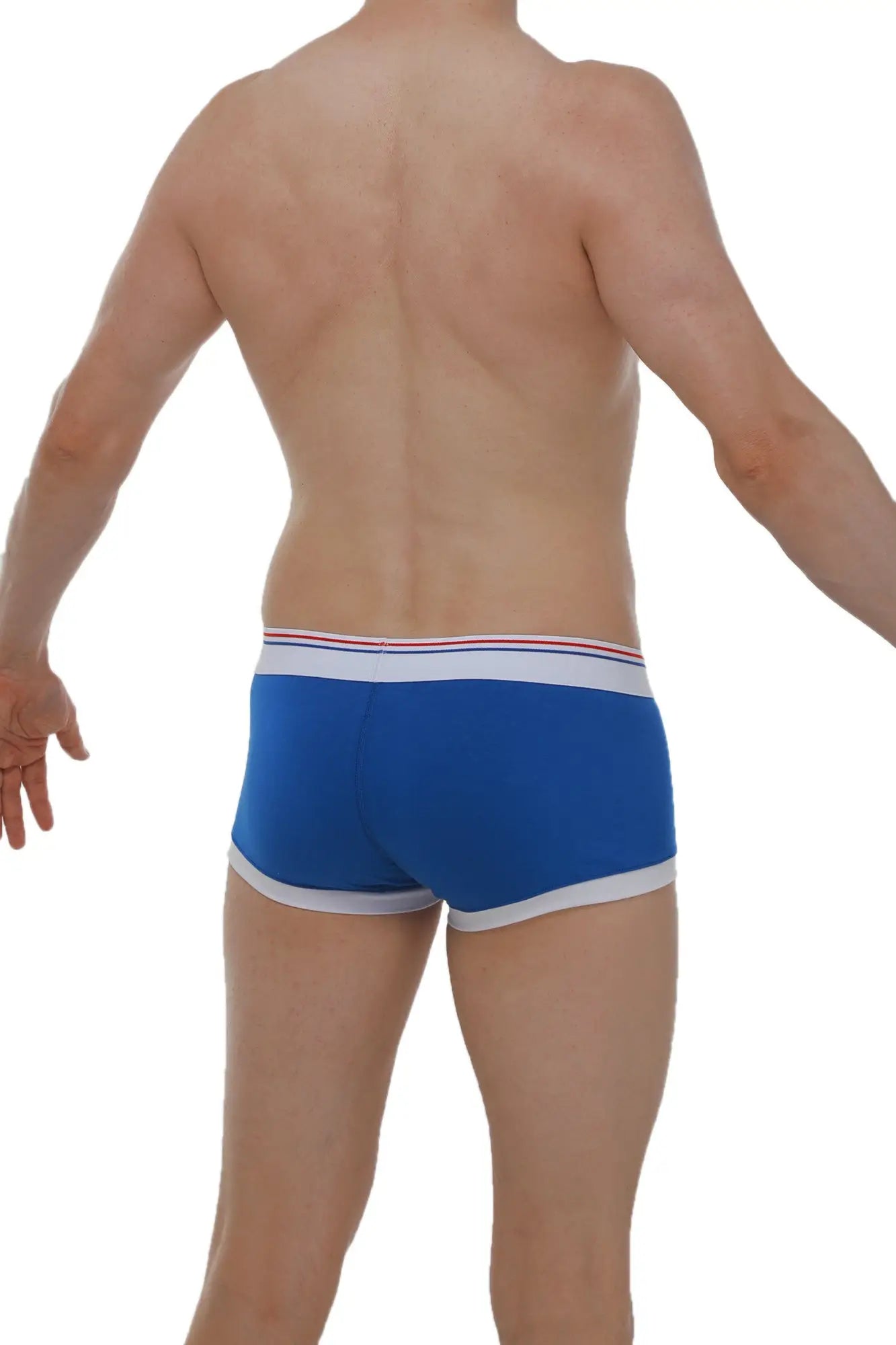 Petitq boxer linay blue men’s briefs in blue with white trim and a thin red stripe along the waistband