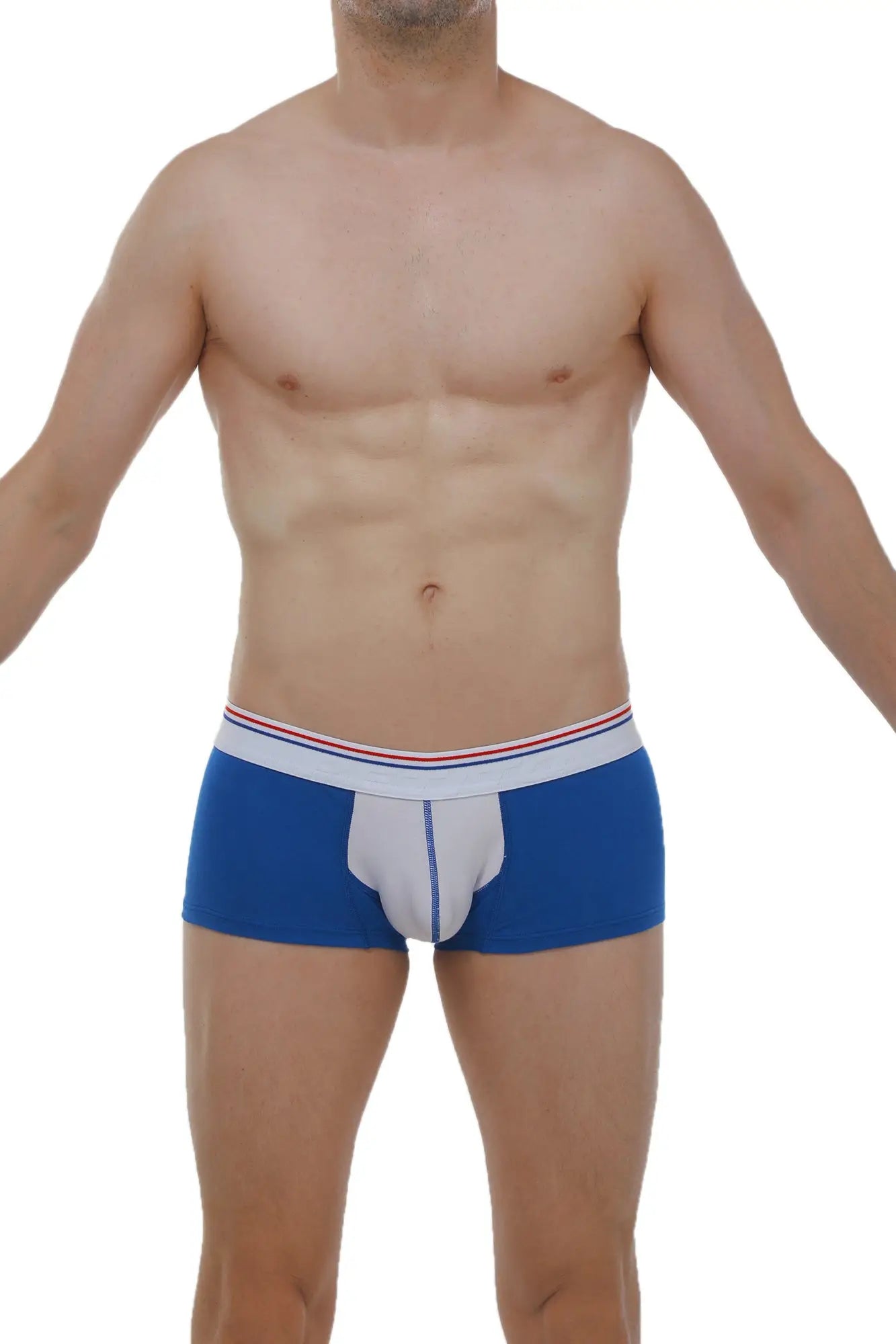 Petitq boxer Mano Blanc-Bleu blue men’s briefs with white front panel and red and white striped waistband