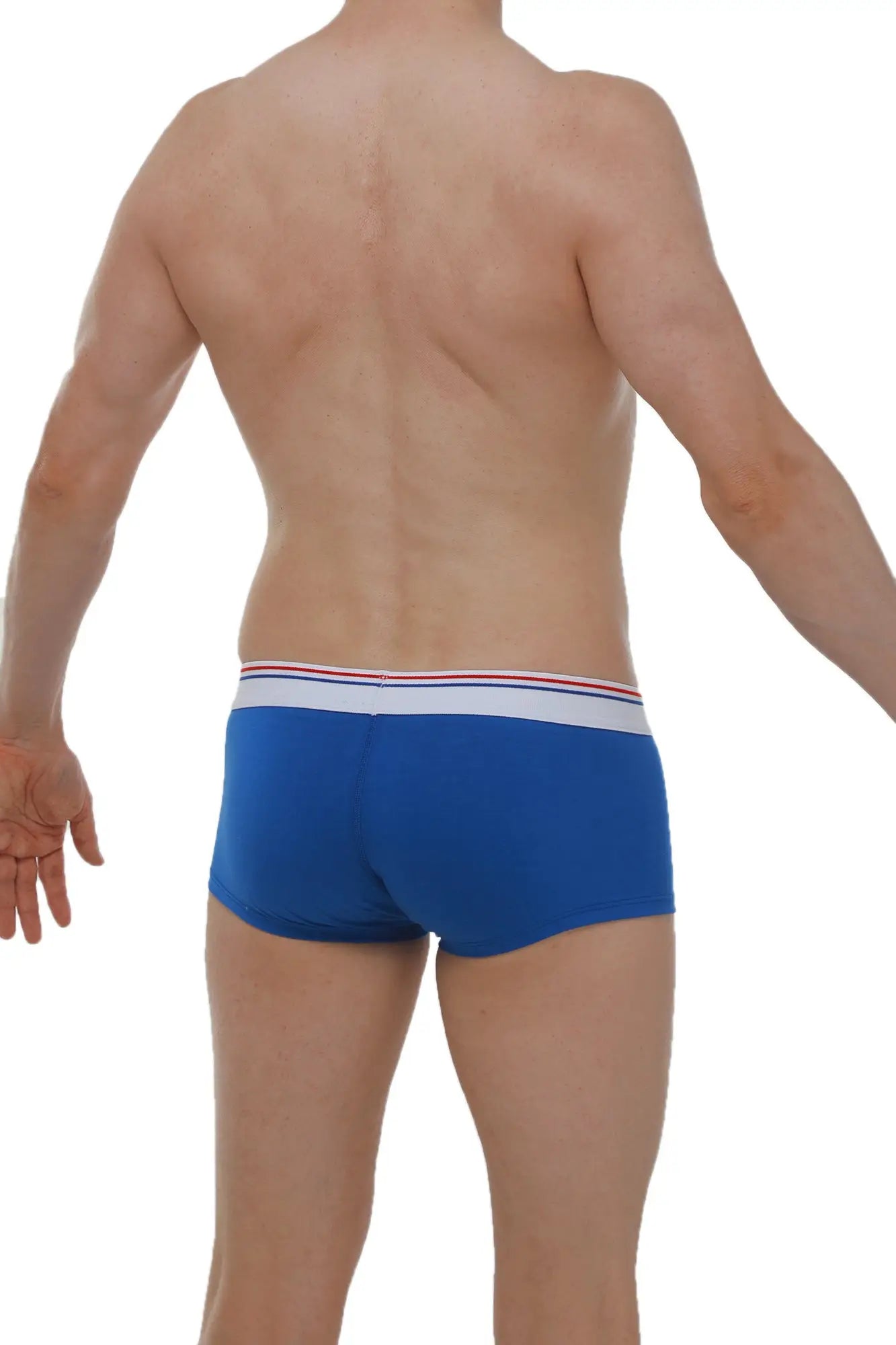 Blue PetitQ boxer briefs with white waistband and red blue stripes offering comfortable men’s underwear
