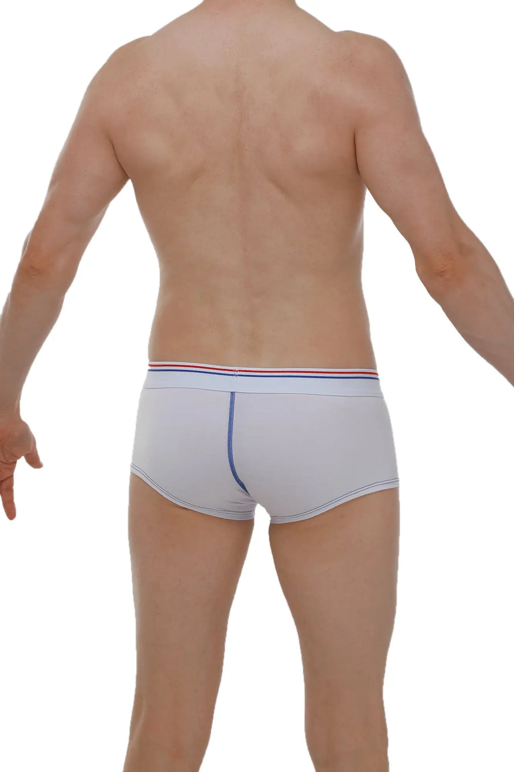 White petitq boxer mano modal briefs with red white and blue striped waistband and blue side seam stitching