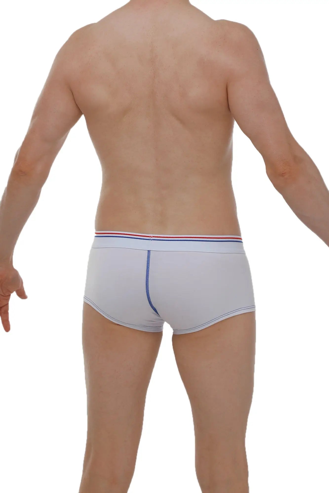 White petitq boxer mano modal briefs with red white and blue striped waistband and blue side seam stitching