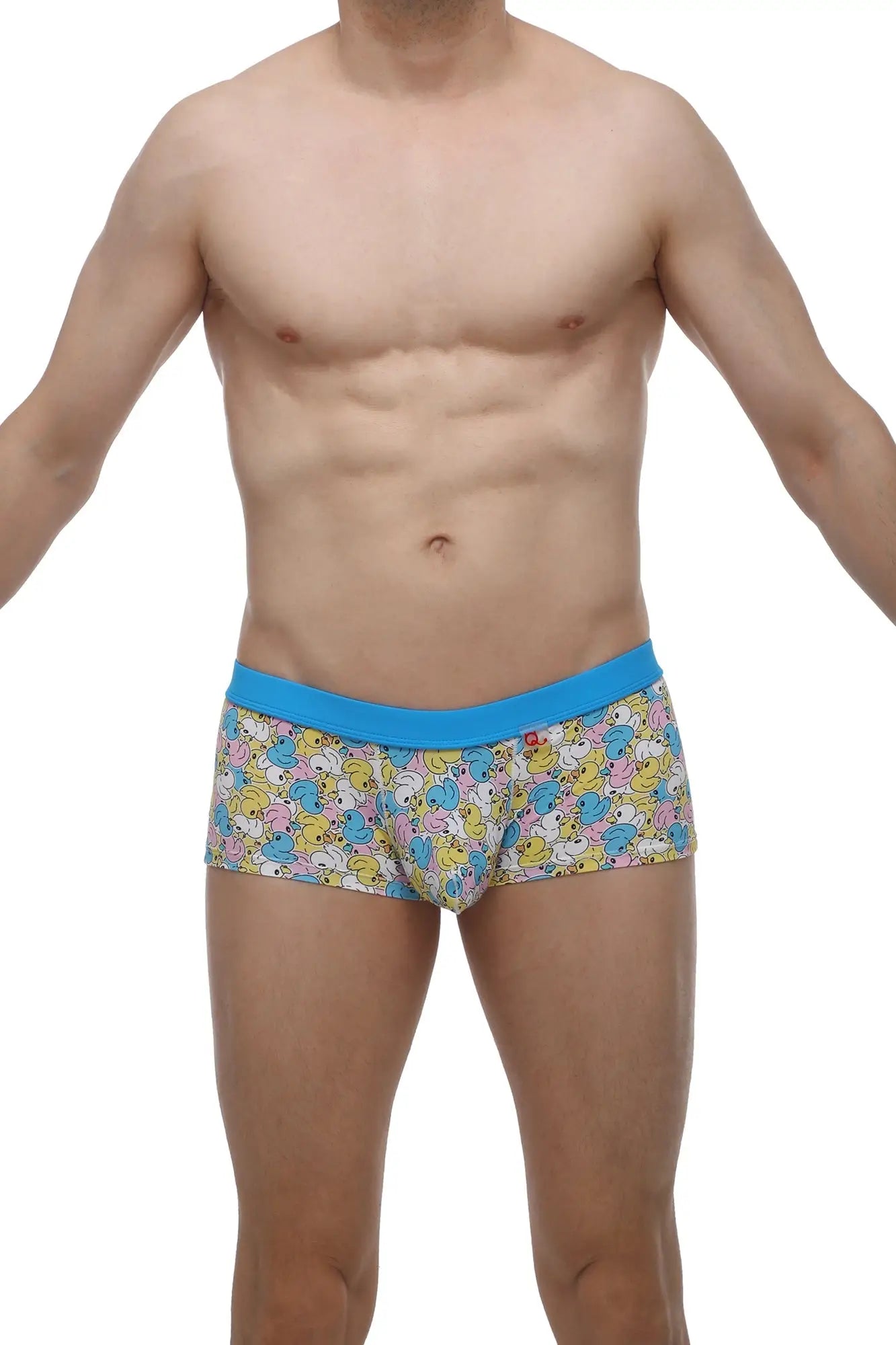 Blue-trimmed men’s briefs petitq boxer meljac duckies featuring pastel cartoon duck pattern on white background