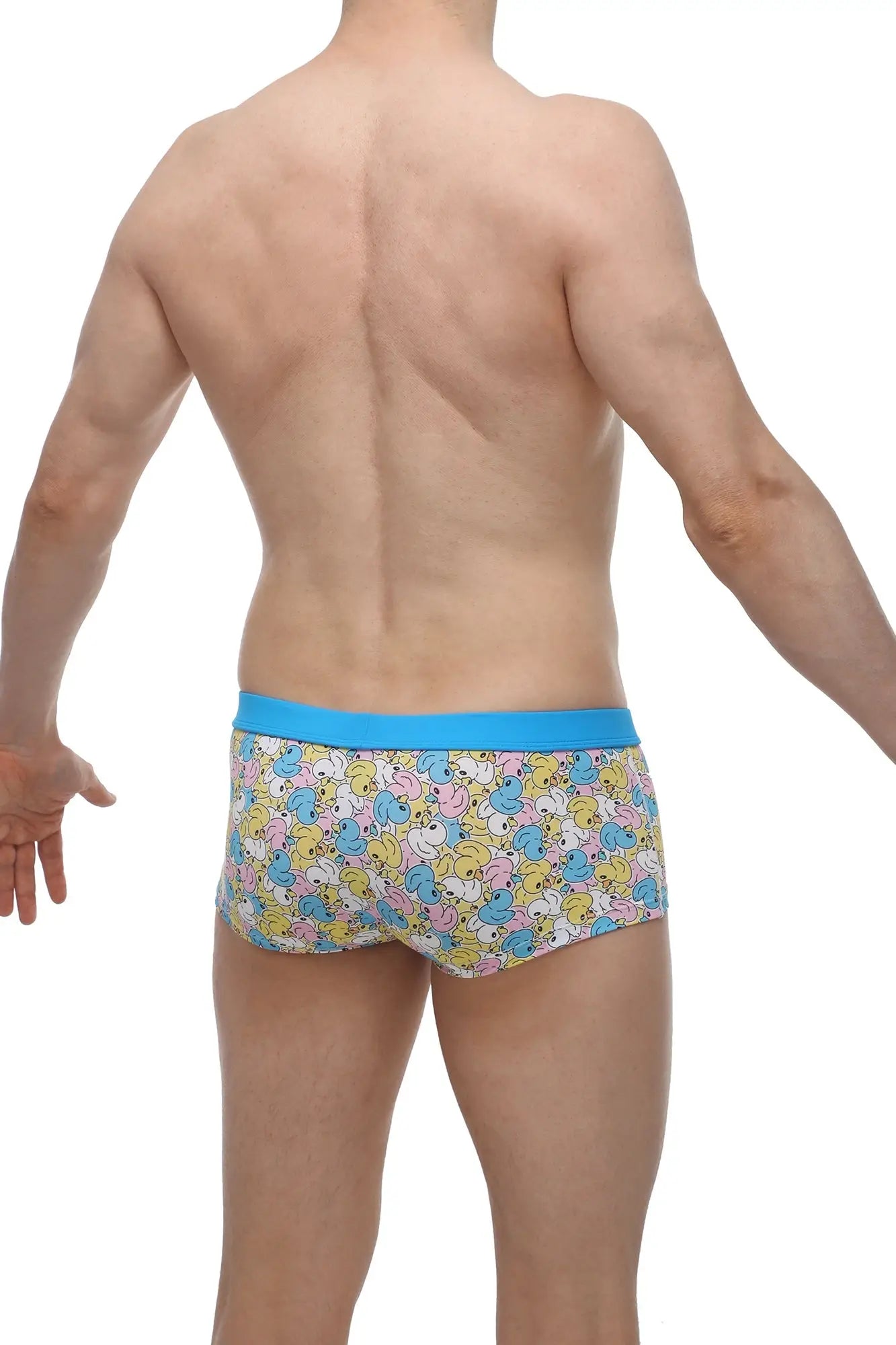 Blue-trimmed petitq boxer meljac duckies men’s briefs with pastel cartoon ducks on white background