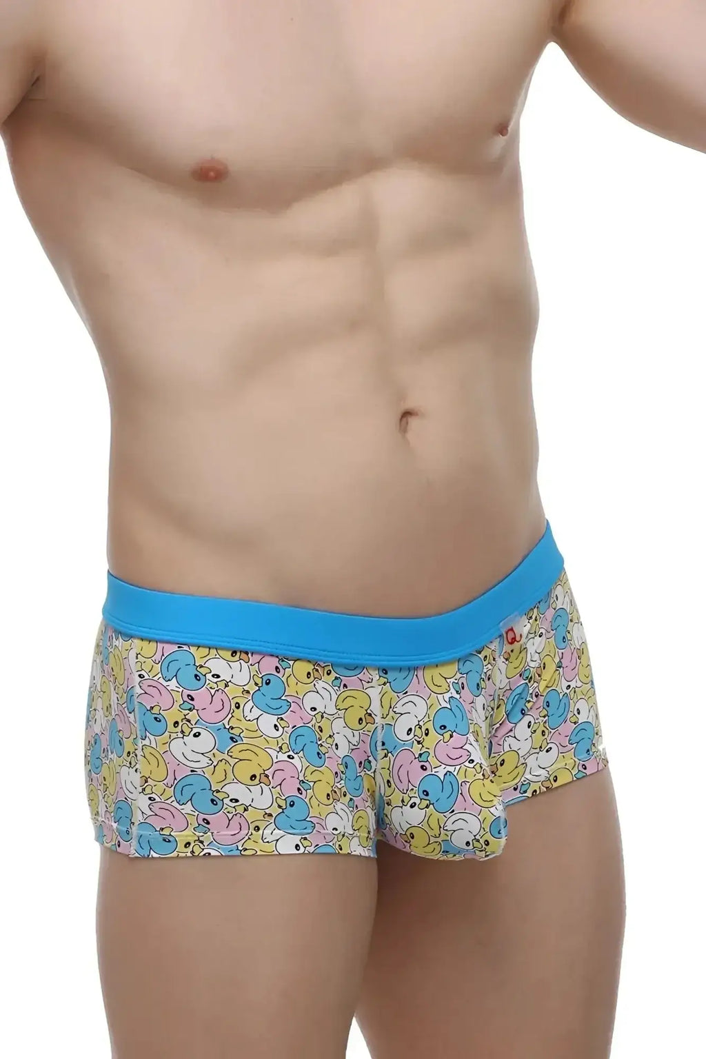 PetitQ boxer Meljac duckies elastic waistband bright blue with playful pastel cartoon ducks on yellow base