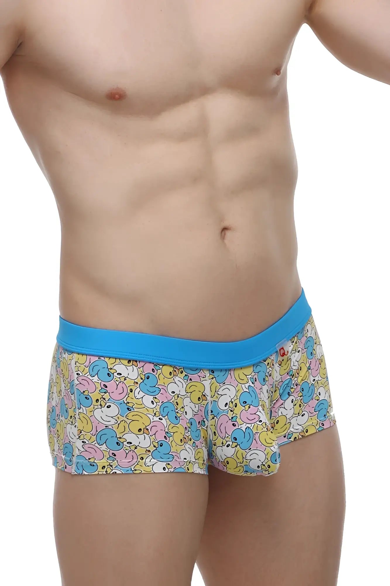 PetitQ boxer Meljac duckies elastic waistband bright blue with playful pastel cartoon ducks on yellow base
