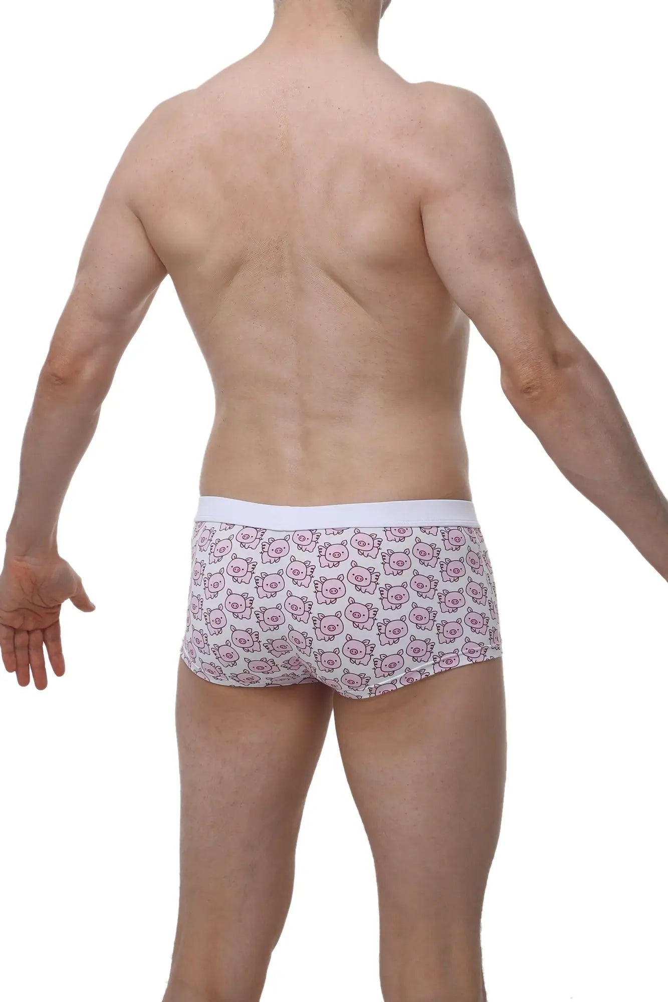 White briefs with pink cartoon pig pattern on light fabric from petitq boxer meljac piggy love collection