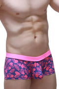PetitQ boxer Meljac tropical hearts pink and navy blue patterned swim trunks with bright pink elastic waistband